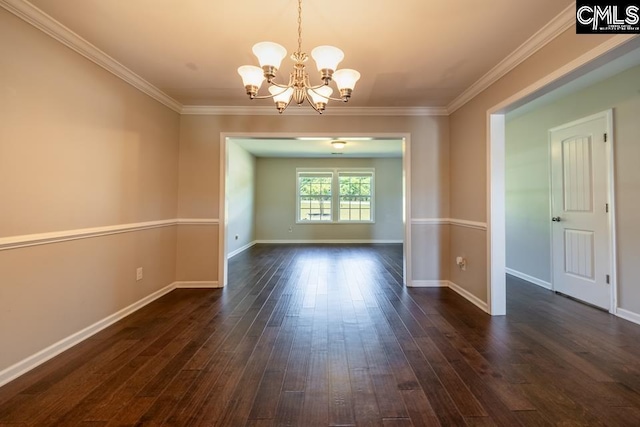1811 Wildwood Ln, Elgin, SC 29045 - spare room featuring a chandelier, dark wood-style floors, crown molding, and baseboards