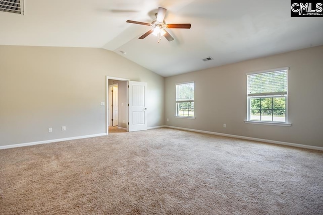 1811 Wildwood Ln, Elgin, SC 29045 - unfurnished room featuring ceiling fan, lofted ceiling, baseboards, and carpet floors
