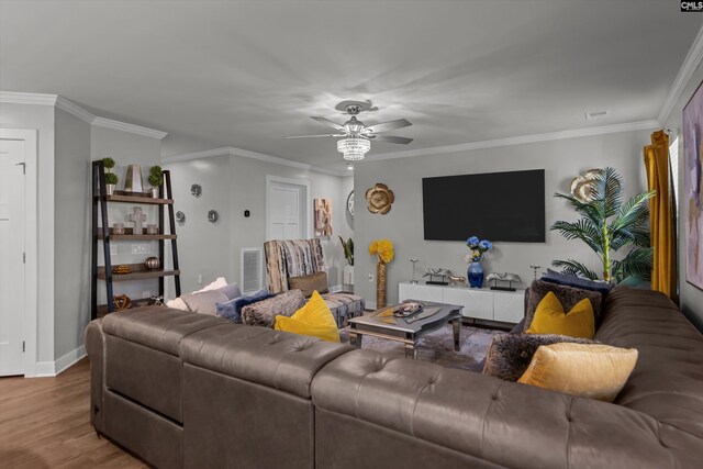 1020 Cameron Ridge Dr, Columbia, SC 29209 - living room with wood finished floors, a ceiling fan, ornamental molding, and baseboards