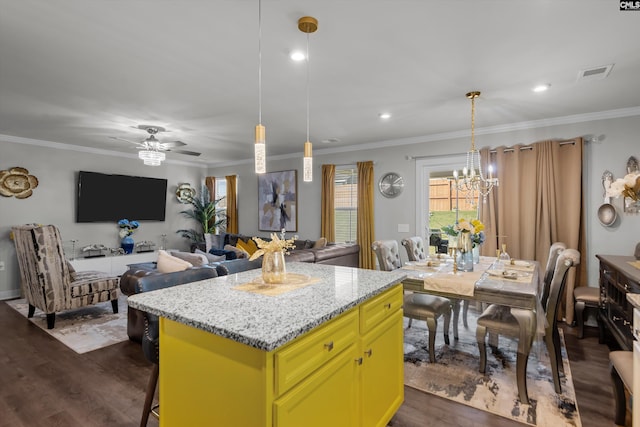 1020 Cameron Ridge Dr, Columbia, SC 29209 - kitchen featuring dark wood-type flooring, a chandelier, a center island, ceiling fan, and hanging light fixtures