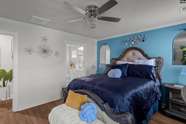 1020 Cameron Ridge Dr, Columbia, SC 29209 - bedroom with ornamental molding, wood finished floors, ensuite bathroom, baseboards, and ceiling fan