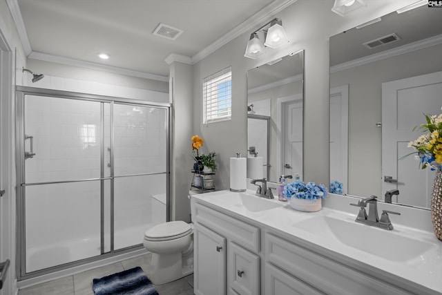 1020 Cameron Ridge Dr, Columbia, SC 29209 - full bathroom with toilet, a shower stall, double vanity, crown molding, and tile patterned flooring