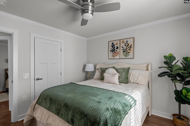 1020 Cameron Ridge Dr, Columbia, SC 29209 - bedroom with ornamental molding, wood finished floors, baseboards, and a ceiling fan