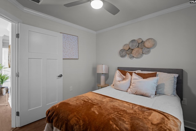 1020 Cameron Ridge Dr, Columbia, SC 29209 - bedroom with dark wood-style flooring, crown molding, and a ceiling fan
