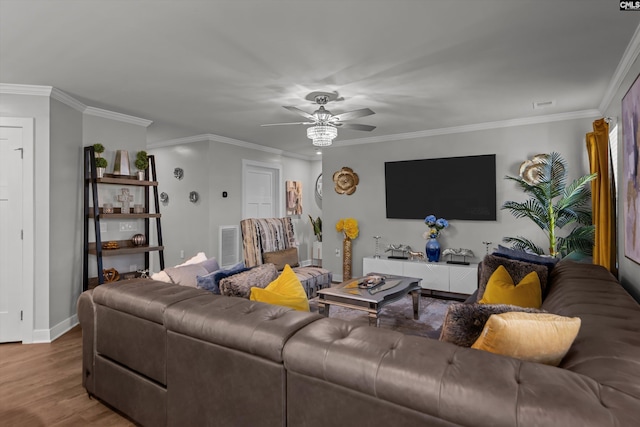 1020 Cameron Ridge Dr, Columbia, SC 29209 - living room with wood finished floors, a ceiling fan, crown molding, and baseboards