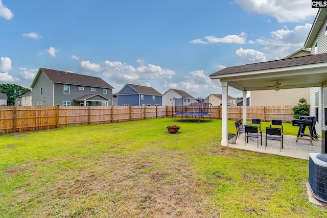 145 Decoy Ct, Sumter, SC 29145 - view of yard with a trampoline, ceiling fan, a residential view, cooling unit, and a patio