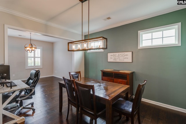 145 Decoy Ct, Sumter, SC 29145 - dining space with a chandelier, baseboards, crown molding, dark wood-style floors, and a desk