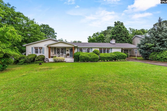300 Wessinger Dr, Lexington, SC 29072 - ranch-style house featuring a porch, driveway, a chimney, a front lawn, and an attached carport