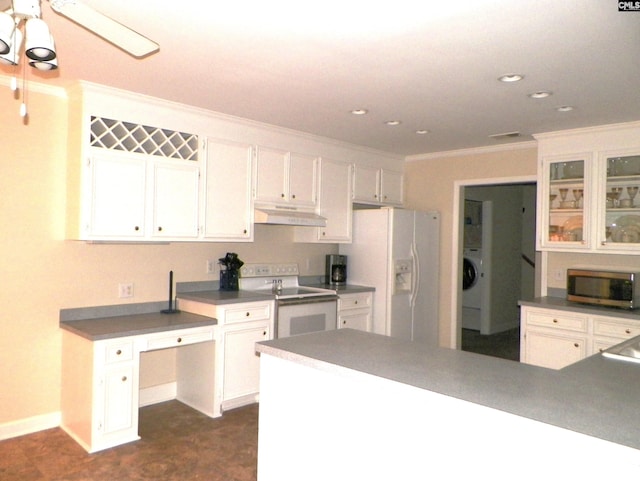 217 Tattlers Trl, Irmo, SC 29063 - kitchen with white appliances, under cabinet range hood, ornamental molding, white cabinetry, and glass insert cabinets
