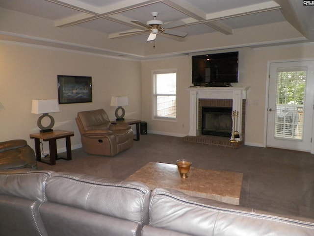 217 Tattlers Trl, Irmo, SC 29063 - living room with coffered ceiling, ceiling fan, a fireplace, healthy amount of natural light, and carpet floors