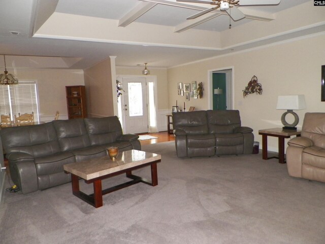217 Tattlers Trl, Irmo, SC 29063 - carpeted living area featuring a ceiling fan and a raised ceiling