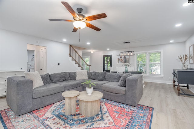 315 Bent Pine Dr, Columbia, SC 29212 - living room featuring light wood-type flooring, ceiling fan, recessed lighting, and stairs