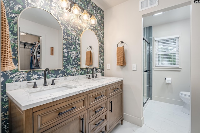 315 Bent Pine Dr, Columbia, SC 29212 - bathroom with wallpapered walls, baseboards, double vanity, a shower stall, and marble finish floors