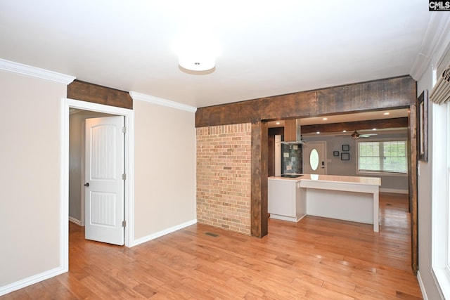 2110 Bouknight St, Newberry, SC 29108 - unfurnished living room with light wood finished floors, crown molding, baseboards, and a ceiling fan