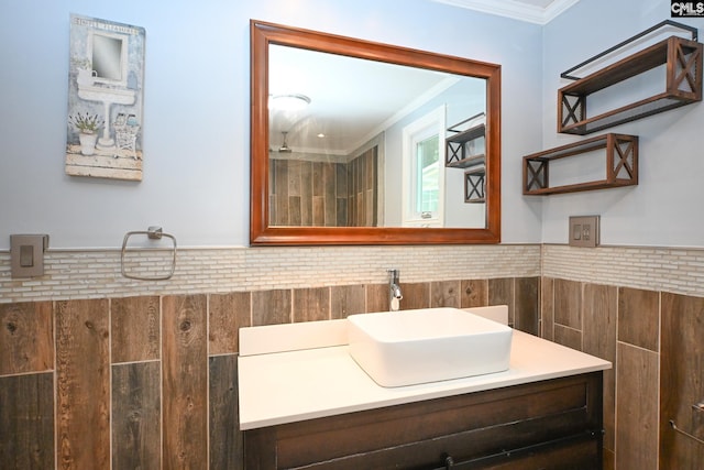2110 Bouknight St, Newberry, SC 29108 - bathroom featuring ornamental molding, vanity, a wainscoted wall, and tile walls