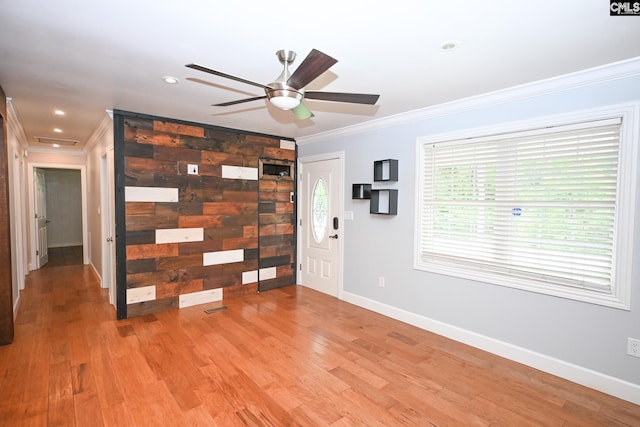 2110 Bouknight St, Newberry, SC 29108 - entryway with ornamental molding, baseboards, a ceiling fan, light wood-style flooring, and recessed lighting