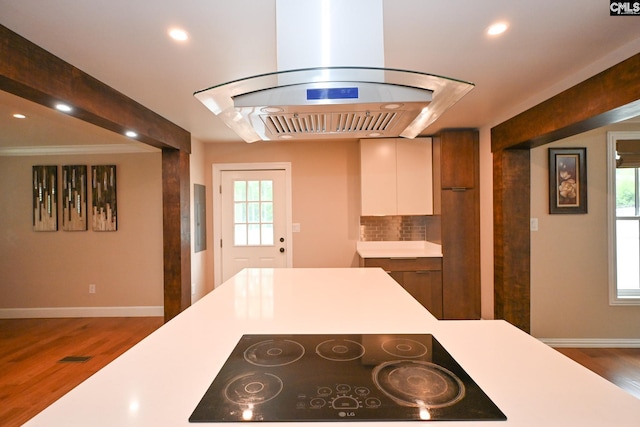 2110 Bouknight St, Newberry, SC 29108 - kitchen with island range hood, black electric cooktop, wood finished floors, light countertops, and baseboards