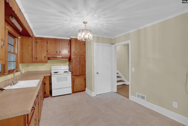 1669 Upland Dr, Columbia, SC 29204 - kitchen featuring white electric range oven, a sink, under cabinet range hood, a chandelier, and light countertops