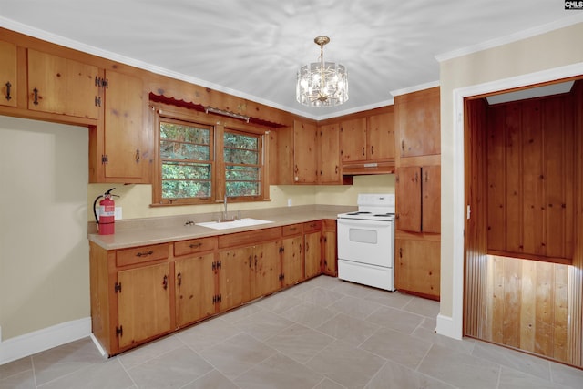 1669 Upland Dr, Columbia, SC 29204 - kitchen with electric range, a sink, light countertops, a chandelier, and under cabinet range hood