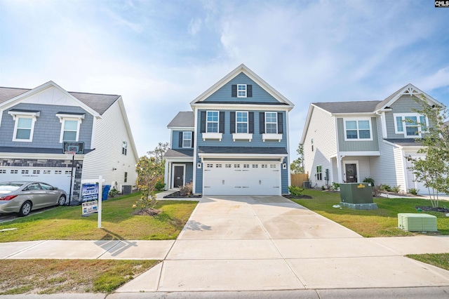 1051 Ashcroft Cir, Columbia, SC 29229 - view of front of house featuring concrete driveway, a front lawn, an attached garage, and central air condition unit