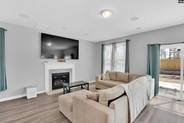 1051 Ashcroft Cir, Columbia, SC 29229 - living area with light wood-style floors, a fireplace with flush hearth, and baseboards