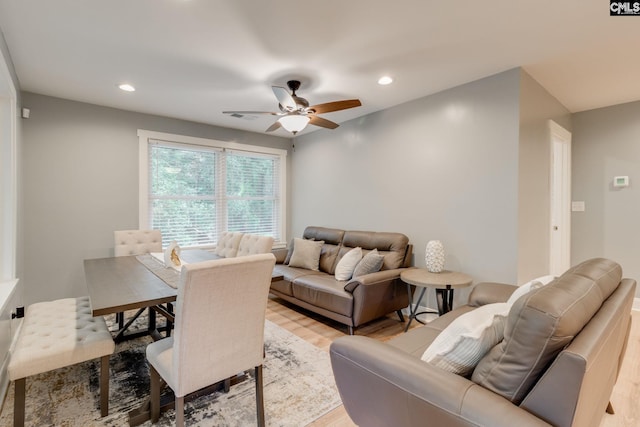 3308 Keenan Dr, Columbia, SC 29201 - living room with light wood finished floors, a ceiling fan, and recessed lighting