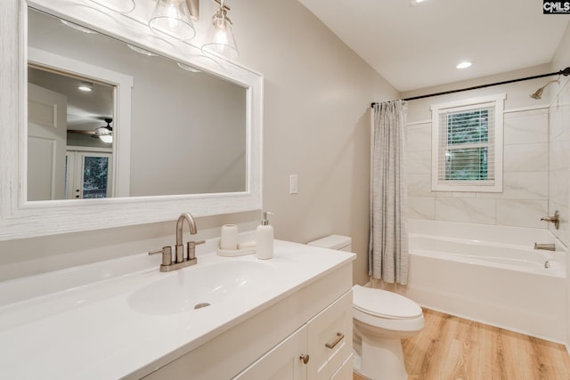3308 Keenan Dr, Columbia, SC 29201 - bathroom with toilet, vanity, shower / bath combo with shower curtain, wood finished floors, and recessed lighting