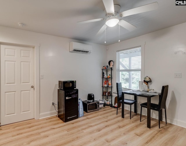 3308 Keenan Dr, Columbia, SC 29201 - dining area with a wall mounted air conditioner, light wood-type flooring, a ceiling fan, and a desk