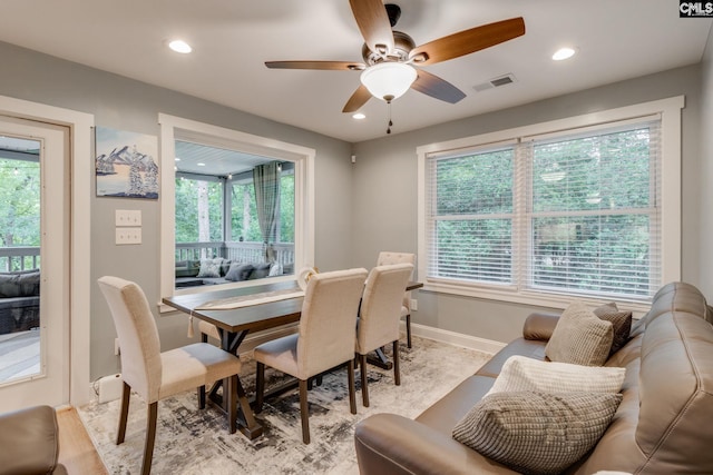 3308 Keenan Dr, Columbia, SC 29201 - dining space with a ceiling fan, healthy amount of natural light, baseboards, light wood-style floors, and recessed lighting