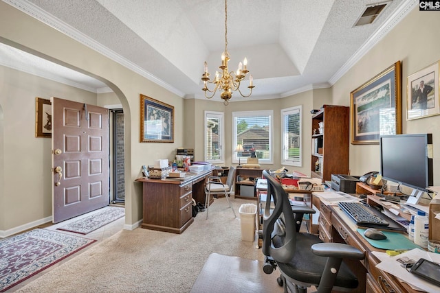 506 Patio Dr, Columbia, SC 29212 - office with arched walkways, a chandelier, a textured ceiling, light colored carpet, and a tray ceiling