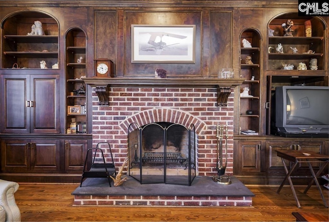 7021 Cleaton Rd, Columbia, SC 29206 - living area featuring built in shelves, dark wood-style floors, and a fireplace
