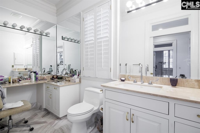 7021 Cleaton Rd, Columbia, SC 29206 - bathroom with toilet, vanity, and crown molding