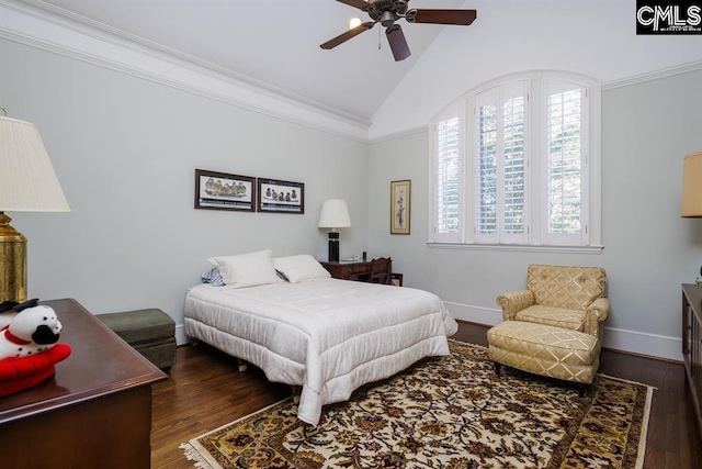 7021 Cleaton Rd, Columbia, SC 29206 - bedroom featuring dark wood-style flooring, baseboards, ornamental molding, a ceiling fan, and high vaulted ceiling