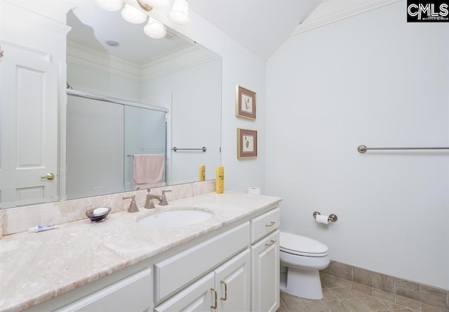 7021 Cleaton Rd, Columbia, SC 29206 - bathroom with vanity, toilet, a shower with shower door, tile patterned floors, and ornamental molding