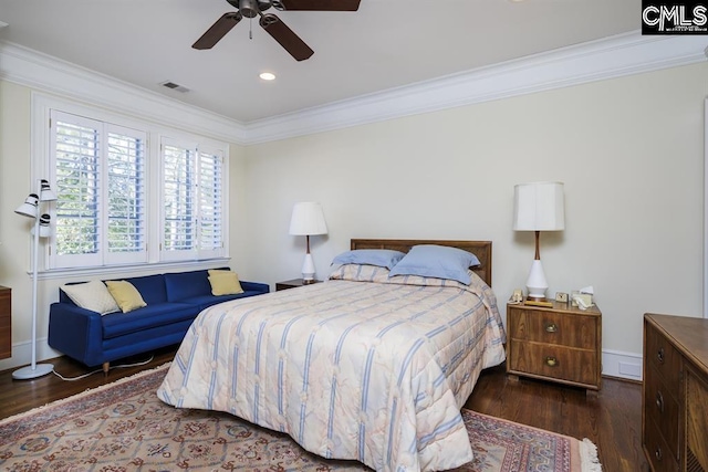 7021 Cleaton Rd, Columbia, SC 29206 - bedroom with crown molding, wood finished floors, baseboards, recessed lighting, and a ceiling fan
