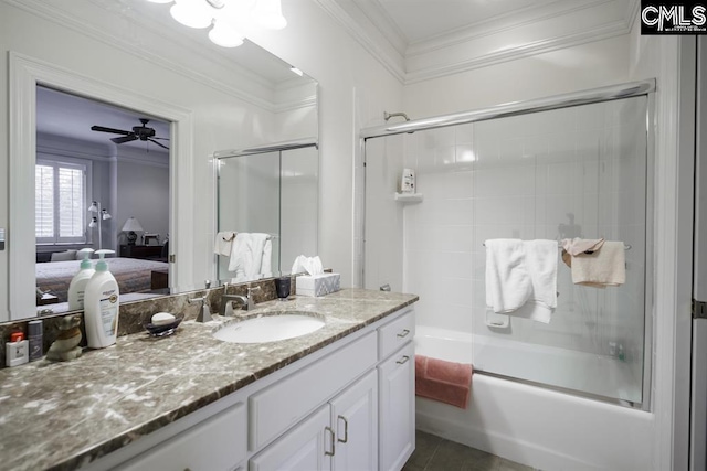 7021 Cleaton Rd, Columbia, SC 29206 - ensuite bathroom with ornamental molding, vanity, bath / shower combo with glass door, and a ceiling fan