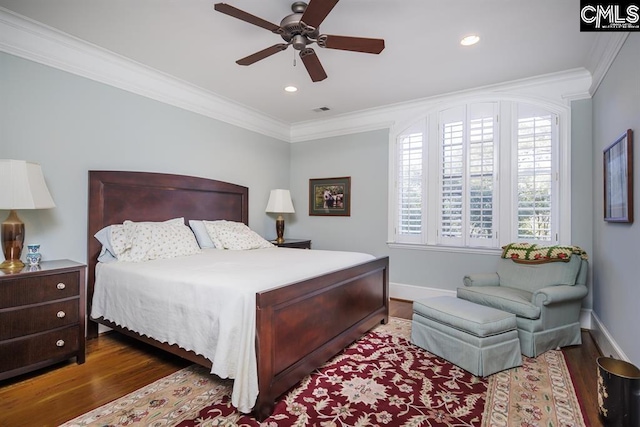 7021 Cleaton Rd, Columbia, SC 29206 - bedroom with ornamental molding, wood finished floors, baseboards, recessed lighting, and a ceiling fan