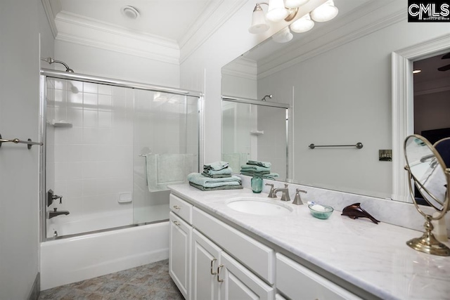 7021 Cleaton Rd, Columbia, SC 29206 - full bathroom featuring ornamental molding, vanity, and shower / bath combination with glass door