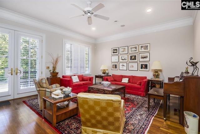 7021 Cleaton Rd, Columbia, SC 29206 - living room with wood-type flooring, french doors, ceiling fan, ornamental molding, and recessed lighting