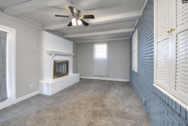 2667 Ford St, Sumter, SC 29154 - unfurnished living room with beam ceiling, carpet floors, ceiling fan, a brick fireplace, and baseboards