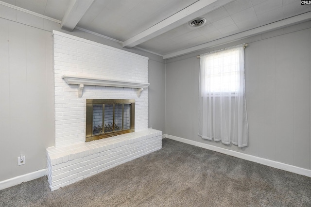 2667 Ford St, Sumter, SC 29154 - unfurnished living room with beam ceiling, carpet floors, a brick fireplace, and baseboards