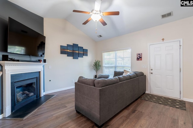 209 Windsor Trace Dr, Columbia, SC 29209 - living area with a ceiling fan, lofted ceiling, wood finished floors, a glass covered fireplace, and baseboards