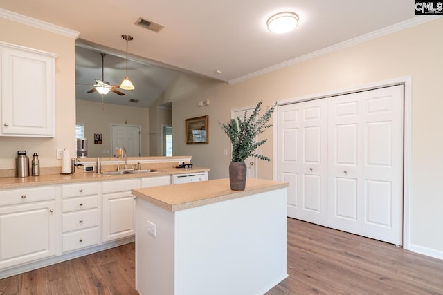 209 Windsor Trace Dr, Columbia, SC 29209 - kitchen with a sink, ceiling fan, light wood-style floors, a center island, and crown molding