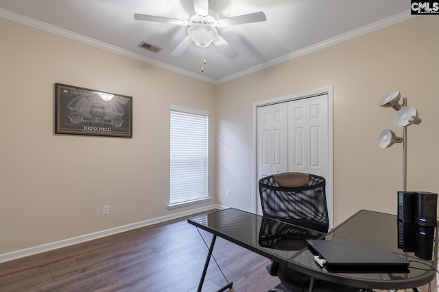 209 Windsor Trace Dr, Columbia, SC 29209 - office space with wood finished floors, crown molding, ceiling fan, and baseboards