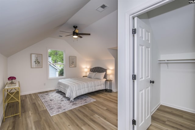 108 Bickleigh Rd, Irmo, SC 29063 - bedroom with wood finished floors, vaulted ceiling, baseboards, and ceiling fan