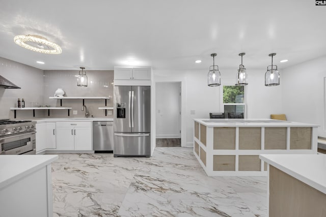 225 Park Shore Dr, Columbia, SC 29223 - kitchen featuring appliances with stainless steel finishes, open shelves, a sink, light countertops, and light marble finish floors