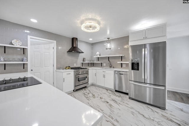 225 Park Shore Dr, Columbia, SC 29223 - kitchen featuring appliances with stainless steel finishes, wall chimney exhaust hood, a sink, open shelves, and light countertops