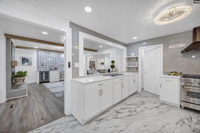 225 Park Shore Dr, Columbia, SC 29223 - kitchen featuring high end stove, tasteful backsplash, light countertops, white cabinetry, and open shelves