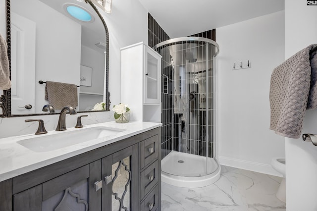 225 Park Shore Dr, Columbia, SC 29223 - bathroom featuring vanity, a stall shower, marble finish flooring, and toilet