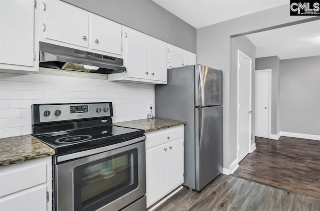 619 King St Unit 608, Columbia, SC 29205 - kitchen with appliances with stainless steel finishes, under cabinet range hood, white cabinets, dark wood finished floors, and baseboards